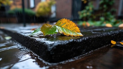 Autumn leaves on wet stone during rain