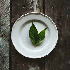 Elegant White Ceramic Plate Featuring a Single Dark Green Oval Leaf on a Deep, Textured Wooden Surface