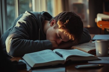 Young caucasian male teen asleep on study desk with books and coffee in dimly lit room