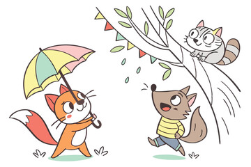 16 Cute cartoon animals, colorful illustrations, whimsical characters, cats and fox, playful poses, diverse expressions, children's book style, vibrant colors, simple shapes, hand-drawn aesthetic, lin