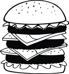 Black and White Illustration of a Detailed Layered Burger Drawing