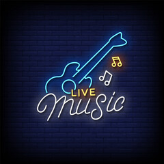 live music neon sign with brick wall background vector