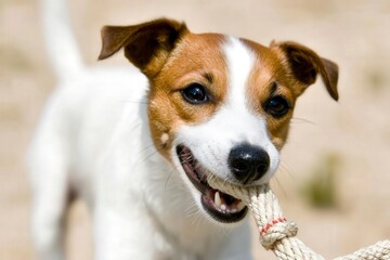 Playful Russell Terrier Gripping Rope Toy with Joyful Expression