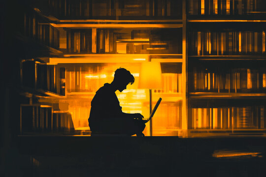 Silhouette of young adult male using laptop in a dimly lit library