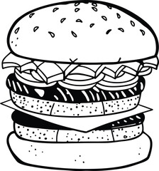 Black and White Illustration of a Detailed Layered Burger Drawing