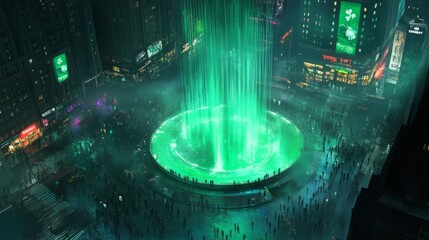 Futuristic City Nightscape Illuminated Fountain