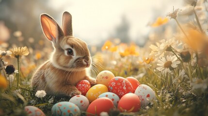 Adorable Bunny Amidst Spring Flowers and Easter Eggs