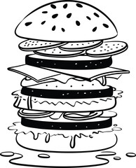 Black and White Illustration of a Detailed Layered Burger Drawing