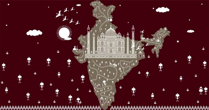 india map, taj mahal agra uttar pradesh unesco world heritage site, warli art map, kachindo art, graphic art vector, illustration