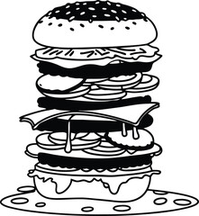 Black and White Illustration of a Detailed Layered Burger Drawing
