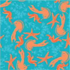 Seamless pattern of jellyfish, starfish and seaweed on a turquoise background. Vector illustration.