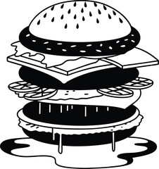 Black and White Illustration of a Detailed Layered Burger Drawing