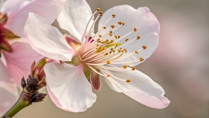 Blossom's Gentle Kiss: An exquisite close-up unveils a delicate cherry blossom in full bloom, its petals a soft symphony of pink and white, kissed by golden stamens.