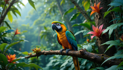 Obraz premium A colorful macaw sitting on a tree branch in a tropical rainforest