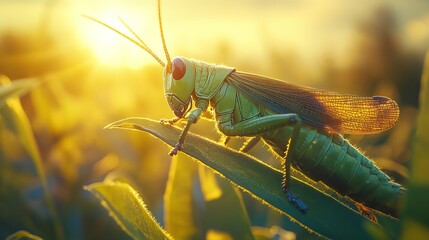 A Vibrant Green Grasshopper, Its Iridescent Exoskeleton Glimmering Under the Sun, Showcasing Nature&rsquo;s Intricate Beauty