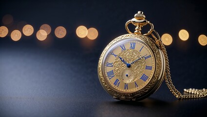 Elegantly crafted vintage pocket watch displayed against a soft bokeh background with shimmering lights at night