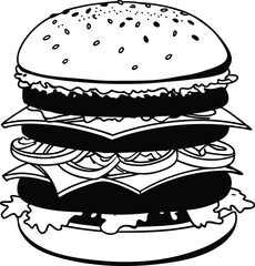 Black and White Illustration of a Detailed Layered Burger Drawing