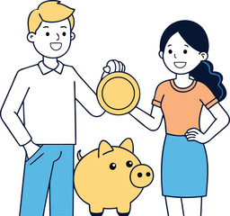 happy young couple investing coin in piggy bank.