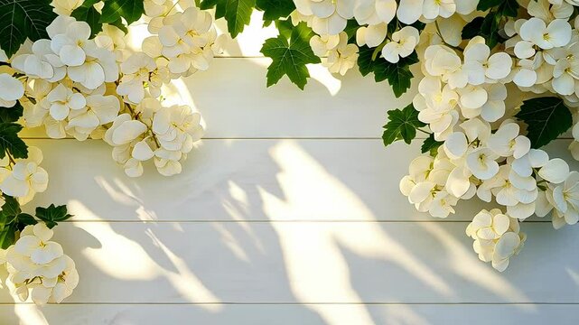 White hydrangea flowers casting shadows on a light wooden background