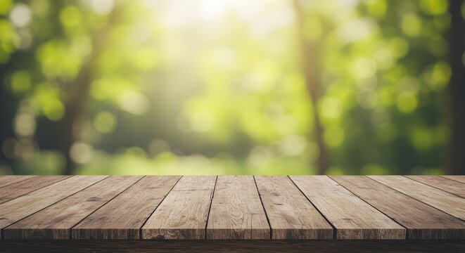 Empty wooden table with blurred green forest background. Natural product display for rustic design. Outdoor backdrop for food photography, advertising, or merchandising concept