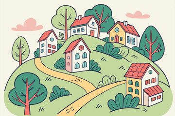 17 Colorful village landscape, densely packed houses, vibrant rooftops, hillside community, whimsical illustration style, cheerful colors, cartoon-like buildings, green trees, urban sprawl, playful ar