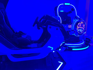 Virtual reality attraction, neon light background