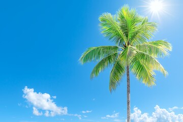 Fototapeta premium Tall palm tree against a bright blue sky with fluffy clouds.