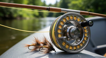 Serene Summer Fly Fishing Adventure: Close-Up of Angler Equipment and Techniques by the Riverbank
