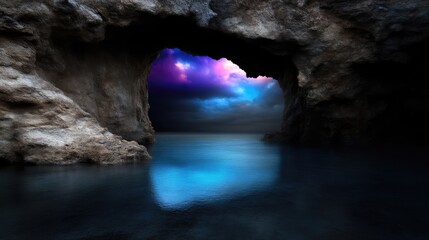 Coastal cave opening with vibrant sky reflection
