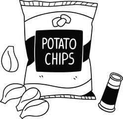 Illustration of a Packet of Potato Chips in Black and White Outline Style