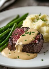 A delicious cooked steak with creamy sauce and green vegetables