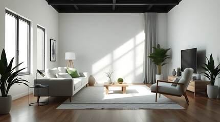 minimalist living room interior mockup, modern furniture and greenly decorative, white sofa and armchair, created by generative ai