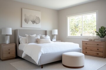 A contemporary bedroom with a neutral color palette, featuring a soft gray bed frame, white bedding, and natural wood furniture,