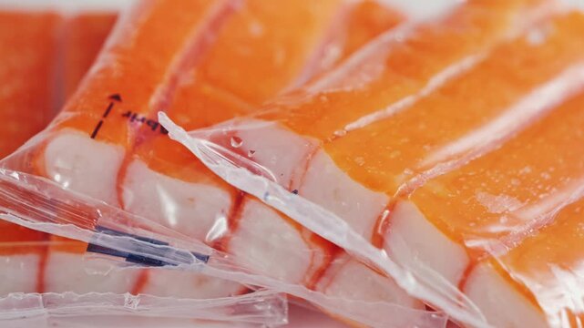 Crab sticks on a plate in packaging, rotating salad ingredient. High quality 4k footage