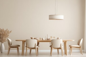 A contemporary dining area with a soft ivory wall, light oak dining table, and neutral-toned chairs, accented by a minimal