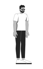 Concerned black man with beard and sunglasses in casual wear 2D line character. Stress reaction. Unhappy mood. Ordinary citizen isolated vector ink outline person. Monochromatic spot illustration