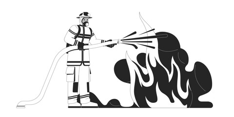 Firefighter extinguishing large fire outline illustration. Fireman in protective gear spraying water from fire hose to flames 2D line character isolated on white. Monochrome vector ink linear image