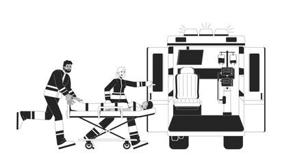 Paramedics loading patient into ambulance outline illustration. Urgent care. Medical first responders with emergency stretcher 2D line characters isolated on white. Monochrome vector ink linear image