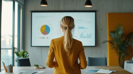 A businesswoman presenting a startup growth plan, face on camera in a modern minimalist room. 8k 