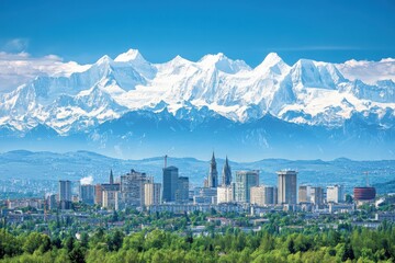 Obraz premium A stunning city skyline with majestic snowcovered mountains in the background