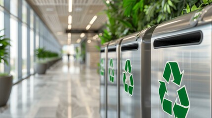 Outdoor public recycling station featuring bins with universal recycling signs, educating people on proper waste separation.