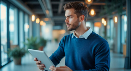 Focused man in a blue sweater holding a tablet in a modern, well-lit office corridor.