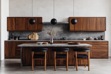 Modern kitchen island with dark wood cabinets and gray countertops, neutral tones