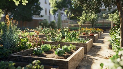 A community garden with a variety of plants and vegetables