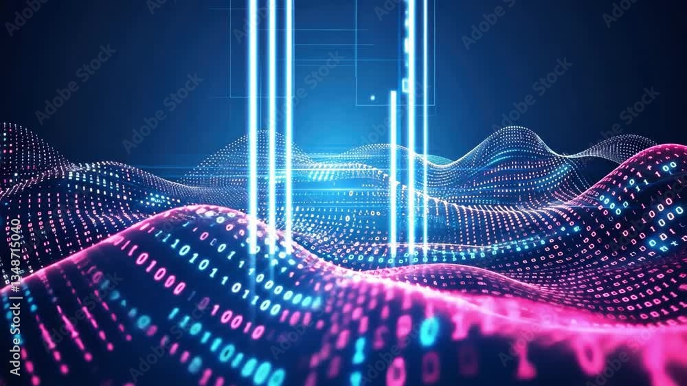 Poster vibrant digital landscape with abstract waves and glowing lines of binary code, showcasing technolog