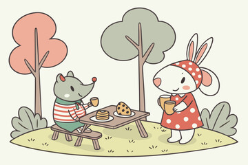 18 Whimsical cartoon characters, anthropomorphic animals, colorful outfits, stylized trees, playful activities, children's book illustration style, naive art, hand-drawn aesthetic, diverse creatures, 