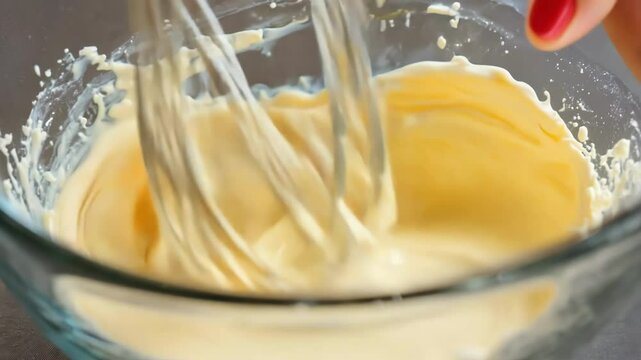 Hand mixing cake batter with wire whisk in glass bowl. The yellow mixture transforms as it's vigorously whipped, creating smooth swirls and gradually achieving creamy consistency.