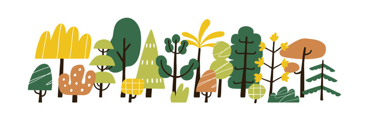 Trees, forest plants in horizontal row. Fall woodland. Woods nature with stylized trunks, crowns in scandinavian simple naive style. Cute doodle flat vector illustration isolated on white background