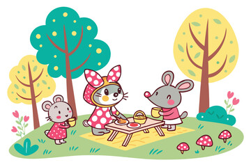 18 Whimsical cartoon characters, anthropomorphic animals, colorful outfits, stylized trees, playful activities, children's book illustration style, naive art, hand-drawn aesthetic, diverse creatures, 