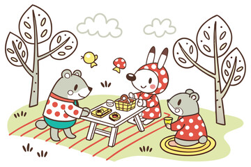 18 Whimsical cartoon characters, anthropomorphic animals, colorful outfits, stylized trees, playful activities, children's book illustration style, naive art, hand-drawn aesthetic, diverse creatures, 